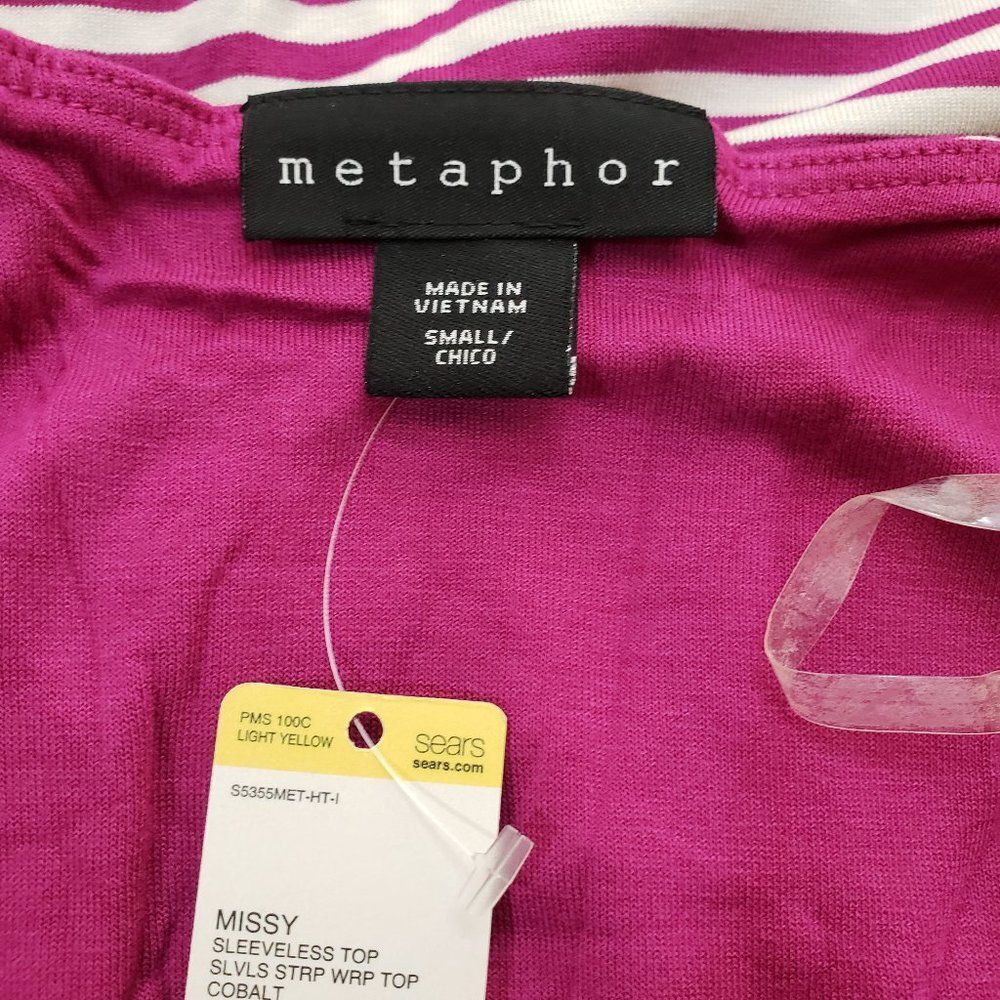 Metaphor Fuchsia Purple Stripe Wrap Blouse Sleeveless V-Neck Ruched Small NWT - Picture 13 of 14